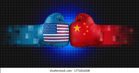 US China Tech Cold War And United States Or USA Technology With Two Opposing Digital Partners As An Economic Import And Exports Conflict Concept With 3D Illustration Style.