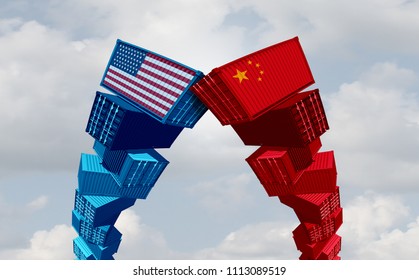 US China Trade War And United States Or American Tariffs As Two Groups Of Opposing Cargo Containers As An Economic  Taxation Dispute Over Import And Exports Concept As A 3D Illustration.