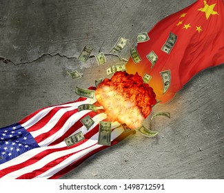US China tradewar. US and China flag is clashing with an explosion with currency flying depicting losses.