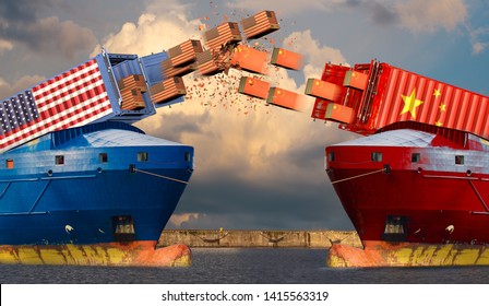 US and Chinese merchant ships shooting cardboard boxes with USA and China flags from containers.USA China economic trade war market conflict concept.3d illustration