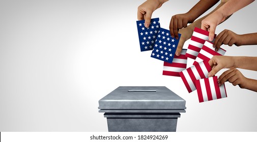 US community vote and American voting diversity concept and diverse hands casting United States ballots at a polling station as a USA democratic right in a democracy with 3D illustration elements.