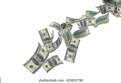 Us Currency $100 Both From Front And Back Like Real Falling On White Background. 3d Rendering