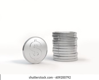 Us Dollar Coins Pile Silver And One Stand White Background 3d Rendering