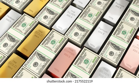 The US Dollar And Commodity Commodities Gold, Silver, Copper And Platinum,Comparison Of Commodity And Cash,3d Rendering