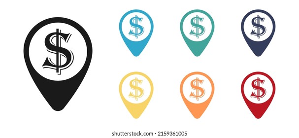 US Dollar Currency, Business Concept Icon Set, Label On The Map. Set Of Multicolored Icons. Illustration