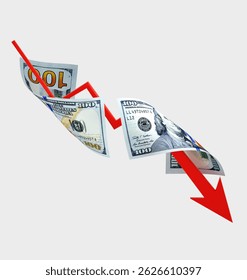 Concepto de depreciación del dólar estadounidense. Símbolo del icono de la muestra de la pérdida del negocio con la nota de papel del banco que se mueve alrededor aislado en el fondo blanco. Ilustración 3D