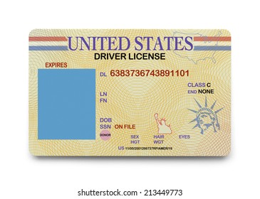 US Driver License with Copy Space Isolated on White Background.