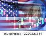 US financial market. American bond market. Quotes and American flag. Dollar bill symbolizes economy of United States. US financial reserve system. Trading in US financial market. 3d image