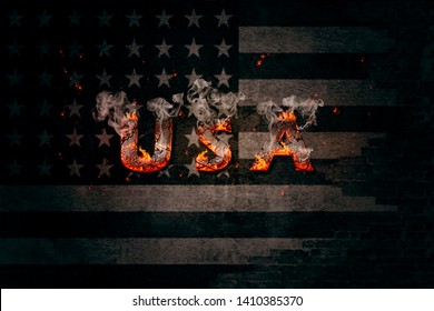 US fire letters on the background of the American flag depicted on the wall