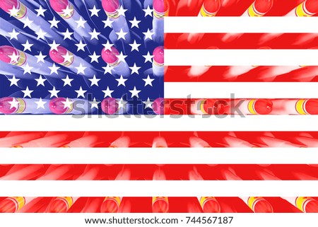US flag with atomic bombs in the background