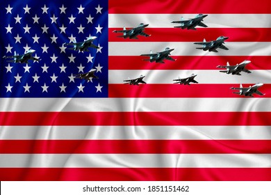 Us Flag, Background With Space For Your Logo - Military 3D Illustration. Air Parade, Military Air Show, Air Parade Of Military Aviation. 3D Rendering