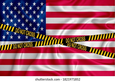 Us Flag, The Don't Cross The Line Mark And The Location Tape. Crime Concept, Police Investigation, Quarantine. 3d Rendering
