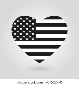 US Heart Flag Icon. American Black And White Flag. United States Of America National Symbol.