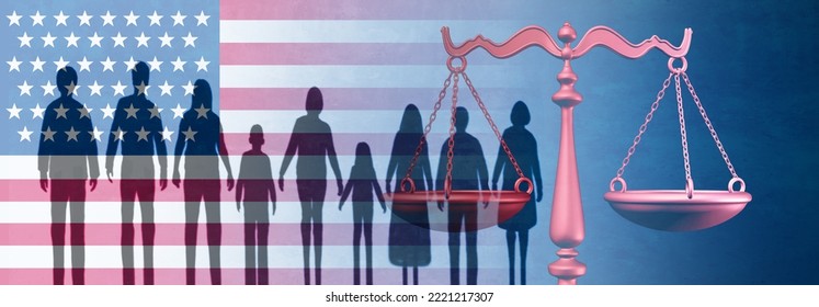 US Immigration Law And United States Refugee Legislation Question Or Illegal Refugee Government Policy For Newcomers In America As The Cast Shadow On A USA Flag With 3D Illustration Elements.