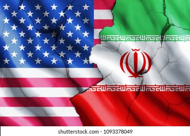 The US And Iran Flag Are Divided By Cracks. The Concept Of Misunderstanding Between The Two Countries.