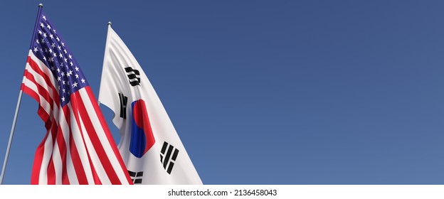 US And Korean Flags On Flagpoles On The Side. Flags On A Blue Background. Place For Text. United States Of America. Seoul, Asia. Commonwealth. 3D Illustration.