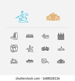 Us Landmarks Icons Set. Delaware And Us Landmarks Icons With Alaska, Nevada And Wisconsin. Set Of Natural For Web App Logo UI Design.