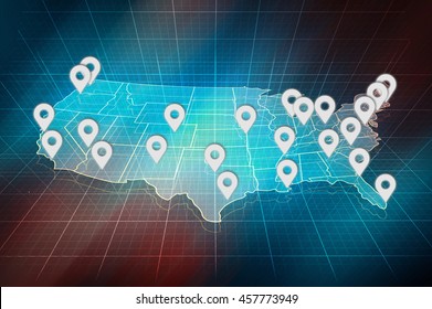 US Map With Border Of States And Pins Of Biggest US City. Map With White Outline, Halftransparent 3D Design.