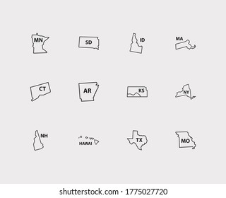 Us Map Icons Set. America And Us Map Icons With Trip, Connecticut And HawAI. Set Of Shape For Web App Logo UI Design.