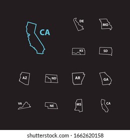 Us Map Icons Set. Arizona And Us Map Icons With City, Missouri And Geography. Set Of South For Web App Logo UI Design.