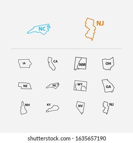 Us Map Icons Set. California And Us Map Icons With Travel, Kentucky And New Hampshire. Set Of Atlantic For Web App Logo UI Design.