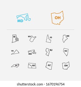 Us Map Icons Set. Journey And Us Map Icons With Cartography, Maine And Arizona. Set Of Ohio For Web App Logo UI Design.