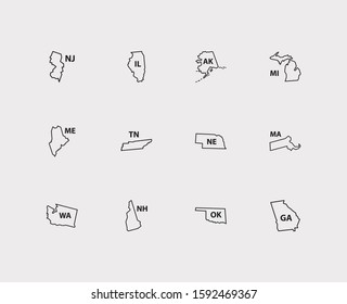 Us Map Icons Set. Travel And Us Map Icons With Tennessee, Maine And American. Set Of Us For Web App Logo UI Design.