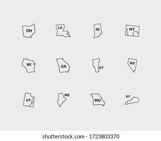 Us Map Icons Set. Travel And Us Map Icons With Maine, Missouri And View. Set Of Louisiana For Web App Logo UI Design.