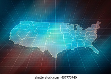 US Map. Outline Map With Border Of States. Digital Design, 3d Map Of US.