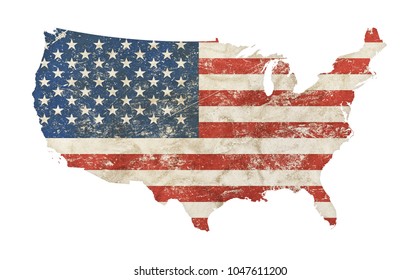 US Map Shaped Old Grunge Vintage Dirty Faded Shabby Distressed American National Flag Isolated On White Background