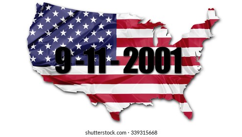 The US National Flag In Map Of United States With The Date Of The Patriotic Day, September 11, 2001, Attack On The Twin Towers In New York.