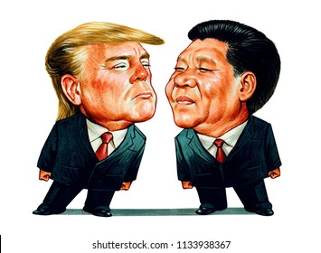 US President Donald Trump and Chinese President Xi Jinping. Illustration,Caricature,Design,July,14,2018