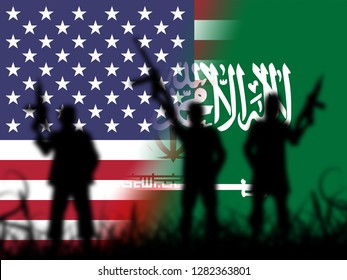 Us Saudi Arabia Flags And Relationship Or Conflict. Political Unity Problem With Death Of Khashoggi - 2d Illustration