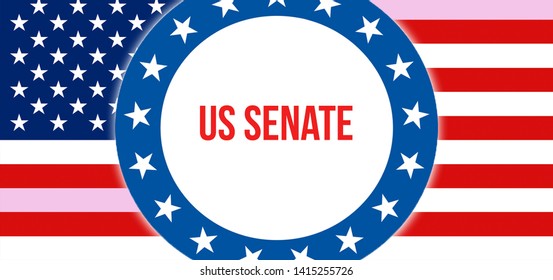 US Senate Election On A USA Background, 3D Rendering. United States Of America Flag Waving In The Wind. Voting, Freedom Democracy, US Senate Concept. US Presidential Election Banner
