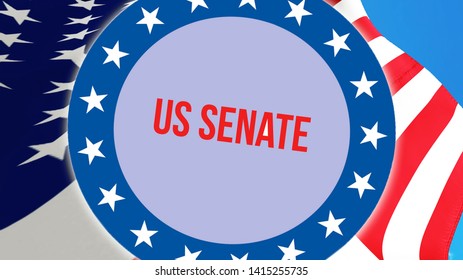 US Senate Election On A USA Background, 3D Rendering. United States Of America Flag Waving In The Wind. Voting, Freedom Democracy, US Senate Concept. US Presidential Election Banner
