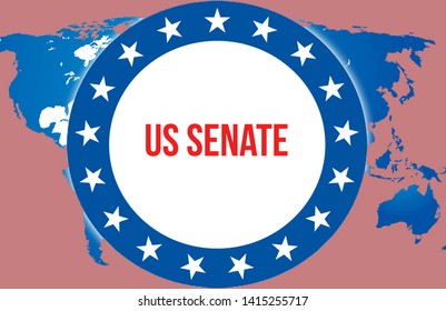 US Senate Election On A World Background, 3D Rendering. World Country Map As Political Background Concept. Voting, Freedom Democracy, US Senate Concept. US Senate And Presidential Election Banner
