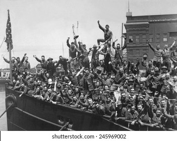 U.S. Soldiers Wave From A Troop Ship Embarked For France. WWI. 1917.