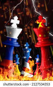 Us, Taiwan,ukraine Vs Russia And China Flags Paint Over On Chess King. 3D Illustration. World War 3 Concept