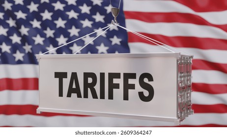 US Tariff increase, Tariffs text on a cargo conatiner, USA flag background, Trade war concept. 3d render