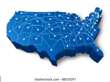 U.S.A 3D map technology communication network symbol represented by a blue dimensional United States with connecting web of fibre optic cell cables with shining center dots.