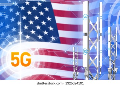 USA 5G Network Industrial Illustration, Large Cellular Tower Or Mast On Modern Background With The Flag - 3D Illustration