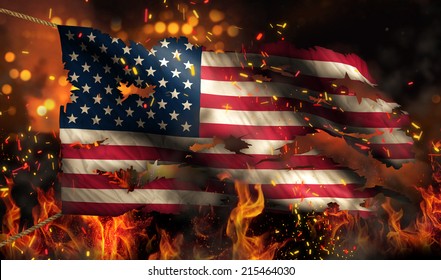 USA America Burning Fire Flag War Conflict Night 3D