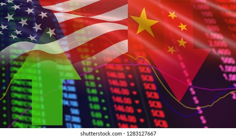 USA America And China Flag Arrows Stock Market Exchange Analysis / Stock Crisis Red Price Chart Fall And Green Up Profits Growth / Indicator Of Changes Graph Business Finance Money  Investment 