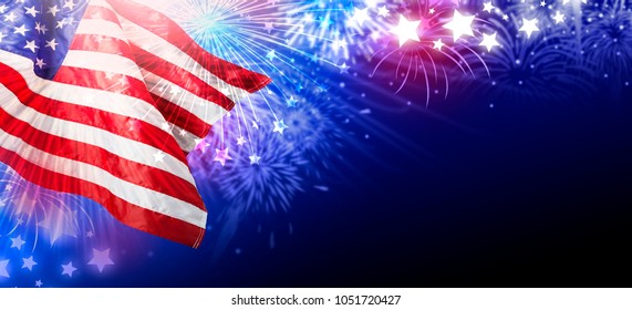 USA Or America Flag With Fireworks Abstract Background