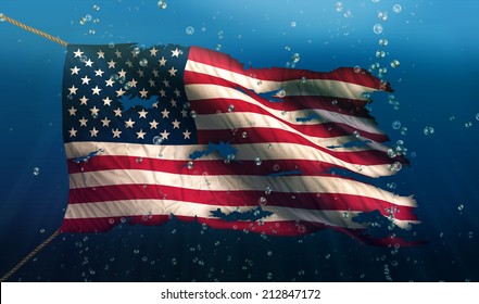 USA America Under Water Sea Flag National Torn Bubble 3D