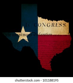 USA American Texas State Map Outline With Grunge Effect Flag Insert And Declaration Of Independence Overlay