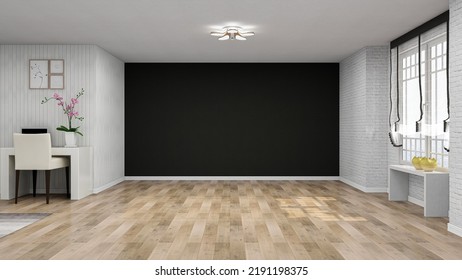 USA - August 17, 2022: Stylish Modern  Room With Clean Empty Black Wall, Realistic 3D Illustration Of The Interior, Suitable For Using In Video Conference And As A Virtual Background.