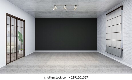 USA - August 17, 2022: Stylish Modern Grunge Room With Clean Empty Black Wall, Realistic 3D Illustration Of The Interior, Suitable For Using In Video Conference And As A Virtual Background.