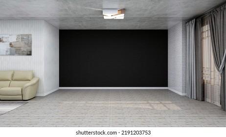 USA - August 17, 2022: Stylish Grunge Living Room With Clean Empty Black Wall, Realistic 3D Illustration Of The Interior, Suitable For Using In Video Conference And As A Virtual Background.