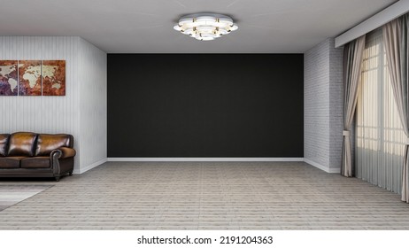 USA - August 17, 2022: Stylish Modern Living Room With Clean Empty Black Wall, Realistic 3D Illustration Of The Interior, Suitable For Using In Video Conference And As A Virtual Background.